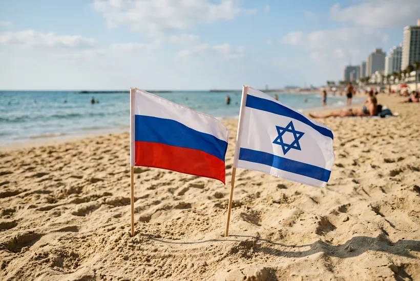 Нужна ли виза в Израиль россиянам: флаги России и Израиля рядом на пляже Тель-Авива — действует безвизовый режим